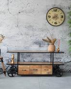 Industrieel dressoir mangohout metaal wielen, Ophalen, 150 tot 200 cm, Nieuw, Met lade(s)