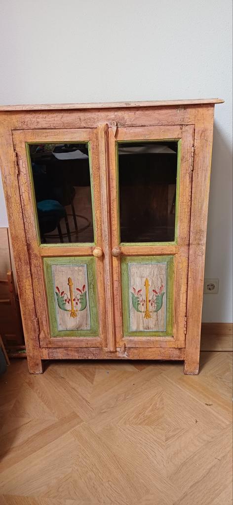 Oranje Craquelé Vitrinekast met Legplanken, Huis en Inrichting, Kasten | Buffetkasten, Gebruikt, 150 tot 200 cm, 50 tot 100 cm