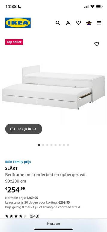 IKEA SLÄKT Bedframe met onderbed en opberger, wit, 90x200 cm - afbeelding 1