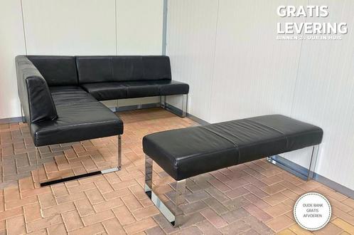 GRATIS LEVERING HEEL NL Echt Leer Eet Hoekbank met Hocker, Huis en Inrichting, Banken | Bankstellen, Zo goed als nieuw, Hoekbank