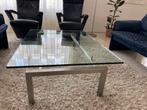 Minimalistische glazen salontafel met rvs onderstel stijlvol, Ophalen, 100 tot 150 cm, 50 tot 100 cm, Zo goed als nieuw
