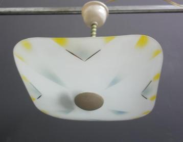 50 jaren hang lamp 4 kant melk wit schaal met blauw geel beschikbaar voor biedingen