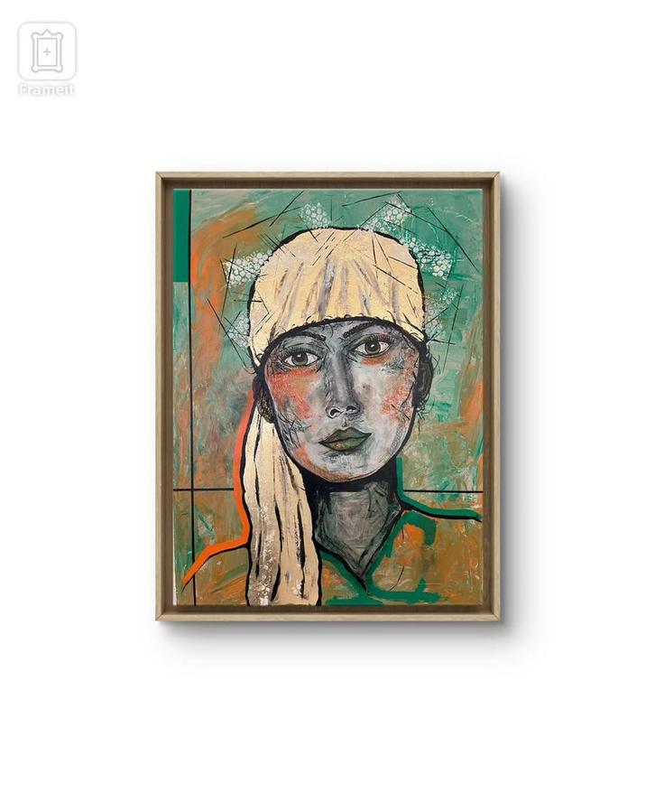 Portret dame met gouden sjaal, Antiek en Kunst, Kunst | Schilderijen | Abstract, Ophalen