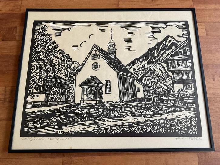 Bepp Haas Houtsnede 1984 Kapel Berglandschap Ingelijst Gesig, Antiek en Kunst, Kunst | Etsen en Gravures, Ophalen of Verzenden