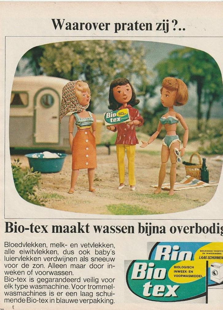 retro reclame 1968 Biotex wasmiddel poppetjes bij caravan, Verzamelen, Retro, Overige typen, Verzenden
