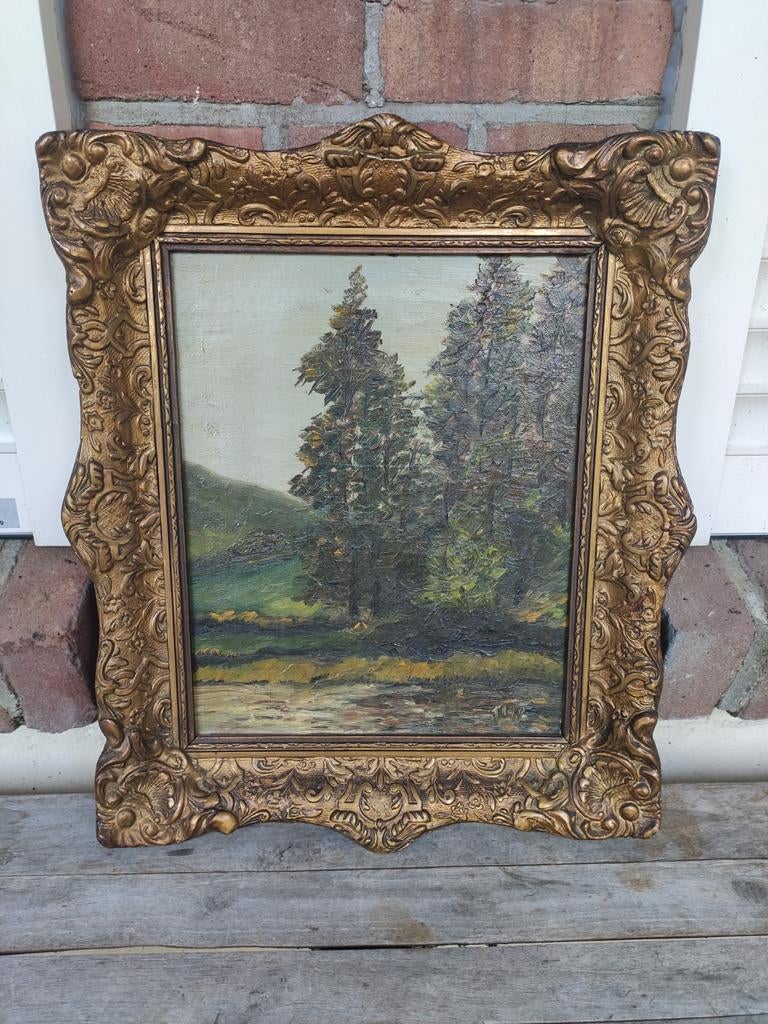 Klassiek olieverfschilderij boszicht, gesigneerd. WD-18., Antiek en Kunst, Kunst | Schilderijen | Klassiek, Ophalen of Verzenden