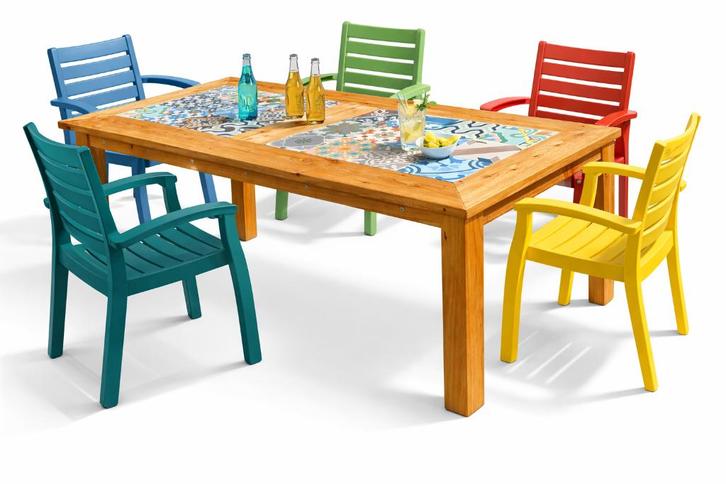 Tuintafel Douglas met Portugese tegels, Tuin en Terras, Tuintafels, Nieuw, Rechthoekig, Hout, Ophalen