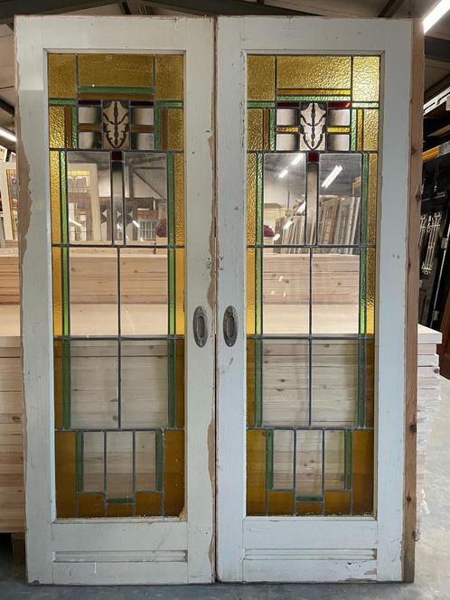 Set openslaande deuren met glas in lood 201x137cm., Antiek en Kunst, Curiosa en Brocante, Ophalen
