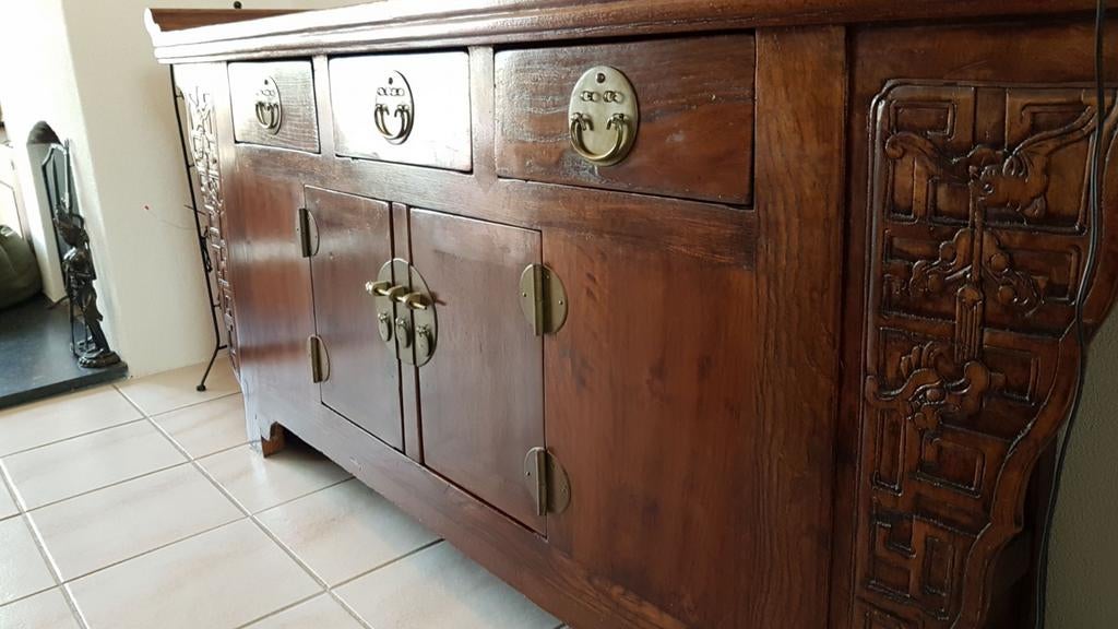 Antiek Chinees Dressoir - Eind 19e Eeuw - Teak, Huis en Inrichting, Kasten | Dressoirs, Gebruikt, 150 tot 200 cm, 25 tot 50 cm