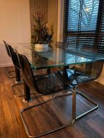 Design glazen eettafel 230 cm met 6 retro stoelen, Huis en Inrichting, Complete eetkamers, Ophalen, Zo goed als nieuw