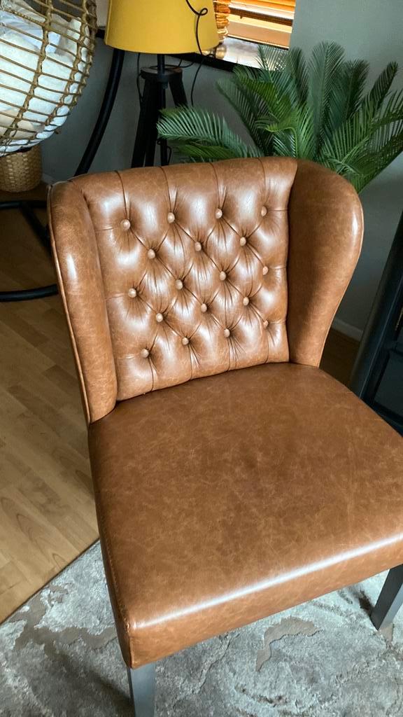 4 bruine leren stoelen, Huis en Inrichting, Stoelen, Zo goed als nieuw, Eén, Leer, Bruin, Ophalen