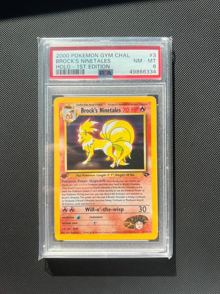 Brock’s Ninetales 1st edition holo 3/132 psa 8 gym challenge, Hobby en Vrije tijd, Verzamelkaartspellen | Pokémon, Zo goed als nieuw