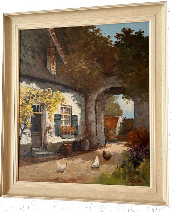 Schilderij van Ch. Korfer, heel mooi, zoals het vroeger was!, Antiek en Kunst, Kunst | Schilderijen | Klassiek, Ophalen of Verzenden