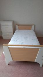 1 persoons bed incl. verstelb.lattenbodem, wit met houtlook, Overige materialen, 100 cm, Modern, Gebruikt