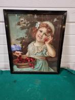 -	Kersen meisje prent vintage in lijst, Huis en Inrichting, Woonaccessoires | Schilderijen, Tekeningen en Foto's, Ophalen of Verzenden