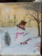 Schilderij- Sneeuwpop in winterlandschap 20x30cm, Antiek en Kunst, Ophalen