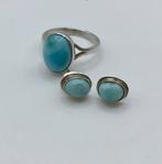 Vintage ring en oorbellen zilver 925 Larimar edelsteen ring, Verzenden, Zilver, Ring