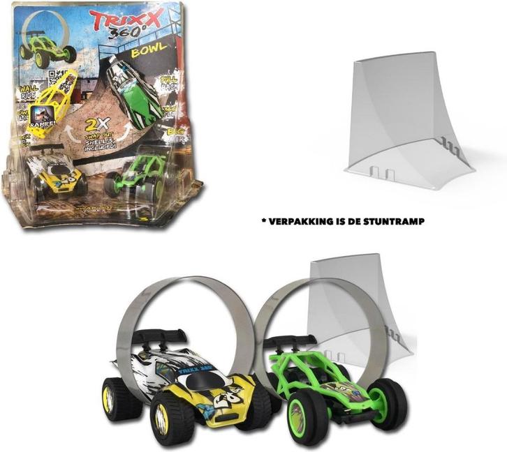 Trixx 360  2 Stuntcars (groen/geel) incl. Stuntramp bocht, Kinderen en Baby's, Speelgoed | Speelgoedvoertuigen, Nieuw, Ophalen of Verzenden