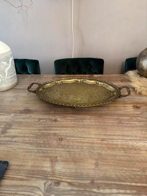 Antiek messing fraai gegraveerd gemerkt dienblad, Huis en Inrichting, Woonaccessoires | Dienbladen, Gebruikt, Metaal, Ovaal, Ophalen of Verzenden