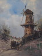 Adriaan Terhell 1863-1949 - paard en wagen bij molen, Antiek en Kunst, Kunst | Schilderijen | Klassiek, Ophalen of Verzenden