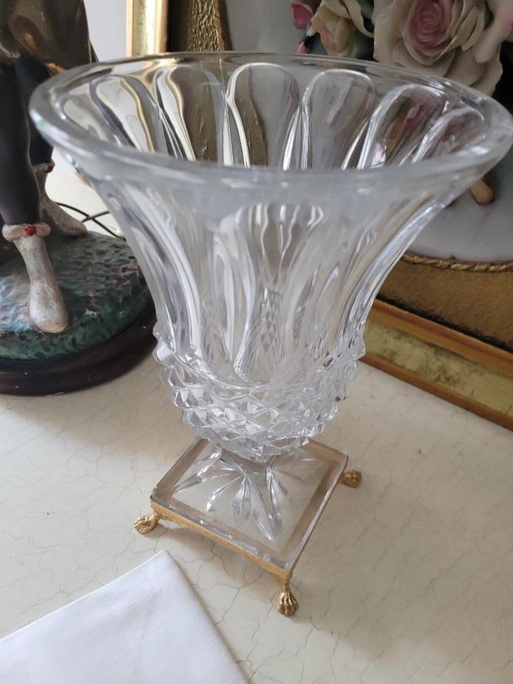Zeer oude kristallen vaas met metalen voet foto 1 t/m 5, Antiek en Kunst, Curiosa en Brocante, Ophalen of Verzenden
