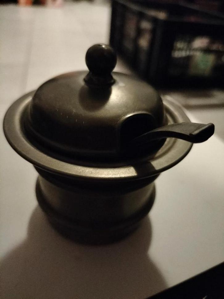 Vintage Tinnen Suikerpot met Glas & Schepje, Antiek en Kunst, Antiek | Tin, Ophalen of Verzenden