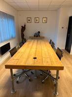 Grote steigerhouten vergadertafel met stoelen, Ophalen, Gebruikt, 100 tot 150 cm, 200 cm of meer