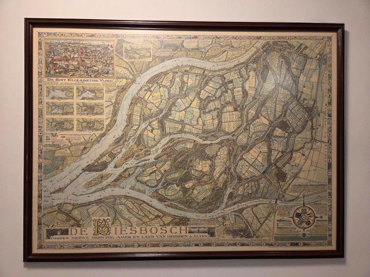 Ingelijste kaart van de Biesbosch, Boeken, Atlassen en Landkaarten, Zo goed als nieuw, Landkaart, Nederland, 1800 tot 2000, Ophalen