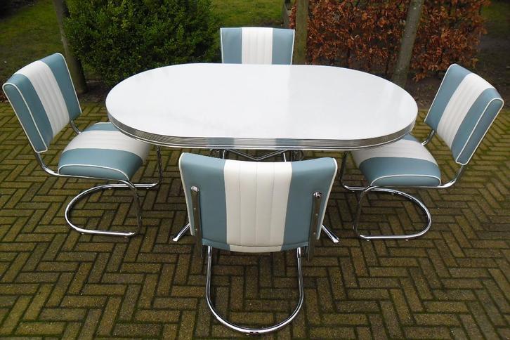 Bel Air 4 slede stoelen + diner tafel retro fifties sixties, Huis en Inrichting, Stoelen, Zo goed als nieuw, Vier, Blauw, Ophalen