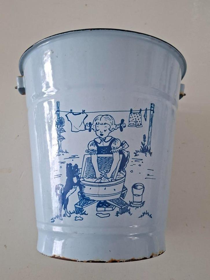 vintage emaille lichtblauw emmer plantenbak brocante rustiek, Antiek en Kunst, Antiek | Emaille, Ophalen of Verzenden