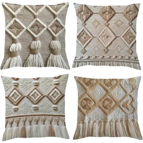 4x kussenhoezen macrame opdruk grijs bruin 45x45cm, Huis en Inrichting, Woonaccessoires | Kussens, Nieuw, Beige, Vierkant, Ophalen of Verzenden