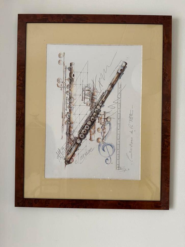 Fluit Schets in Lijst, Antiek en Kunst, Kunst | Tekeningen en Foto's, Ophalen of Verzenden