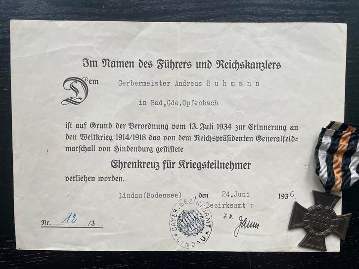 Kriegsteilnehmer oorkonde met medaille, Verzamelen, Militaria | Algemeen, Landmacht, Lintje, Medaille of Wings, Duitsland, Ophalen of Verzenden
