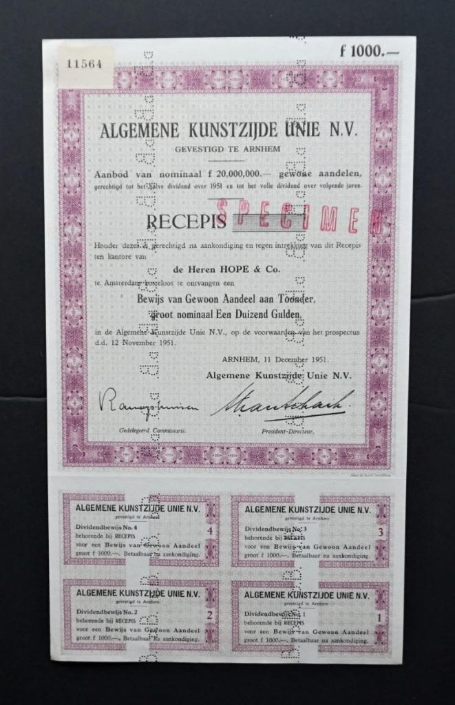 Algemene Kunstzijde Unie (AKU, nu AkzoNobel) - Arnhem - 1951, Postzegels en Munten, Aandelen en Waardepapieren, Overige typen