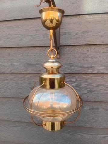 Vintage Messing Scheeps Hanglamp met Glazen Kap beschikbaar voor biedingen