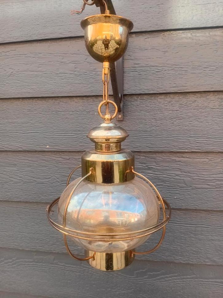Vintage Messing Scheeps Hanglamp met Glazen Kap, Huis en Inrichting, Lampen | Hanglampen, Gebruikt, Ophalen of Verzenden