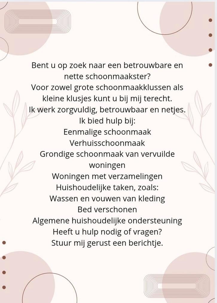 Schoonmaakster aangeboden, Vacatures, Vacatures | Schoonmaak en Facilitaire diensten, Vanaf 10 jaar, Overige vormen