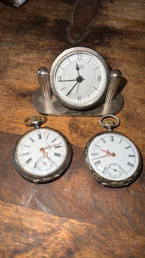 2 antieke zilveren vestzak horloges en vintage reiswekkertje, Sieraden, Tassen en Uiterlijk, Horloges | Antiek, Overige merken