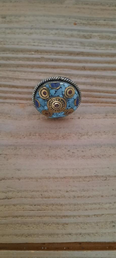 Tibetaans zilveren ring met turquoise en lapis. Mt 17., Sieraden, Tassen en Uiterlijk, Antieke sieraden, Ring, Zilver, Met edelsteen