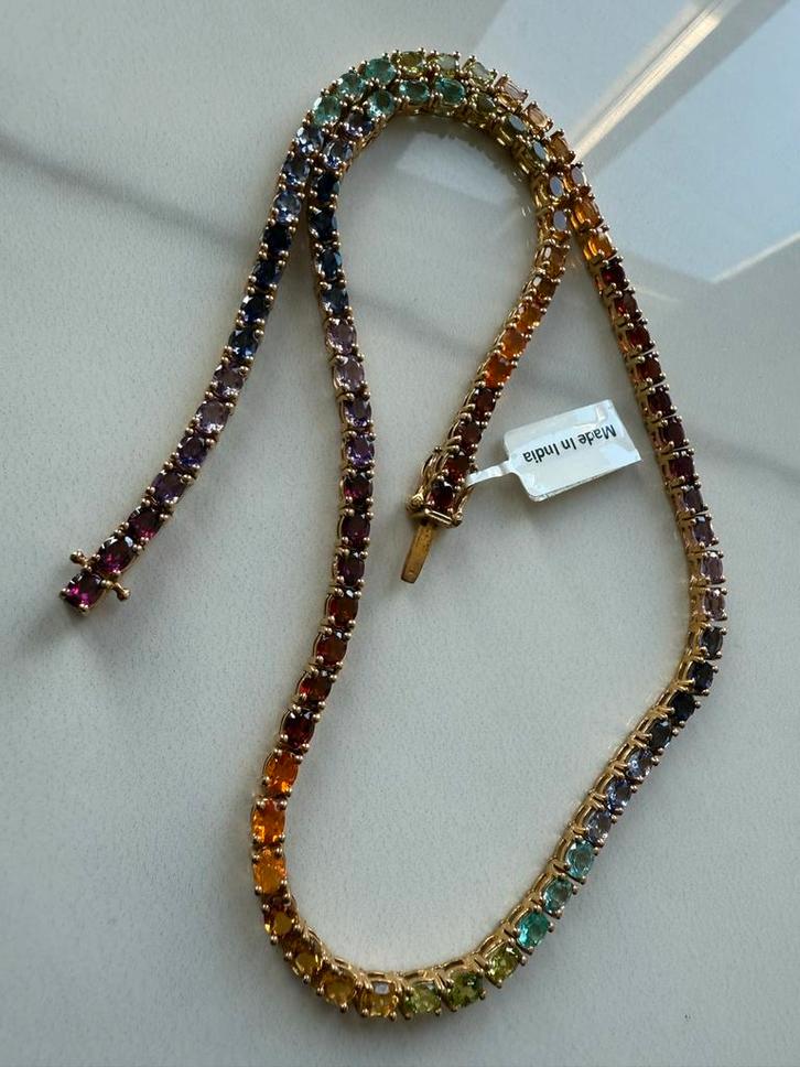 Vintage Gouden Ketting 925 Zilver Regenboog Stenen, Sieraden, Tassen en Uiterlijk, Antieke sieraden, Ketting, Zilver, Met edelsteen