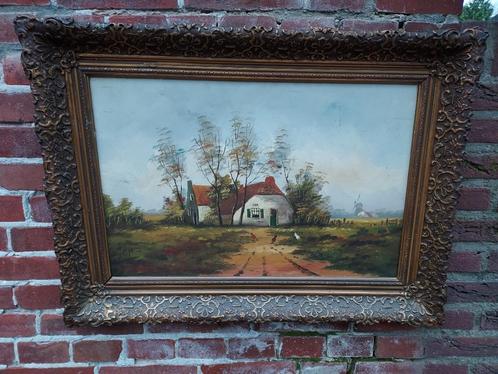 Schilderij, landschap met boerderij en kippen., Antiek en Kunst, Kunst | Schilderijen | Klassiek, Ophalen of Verzenden