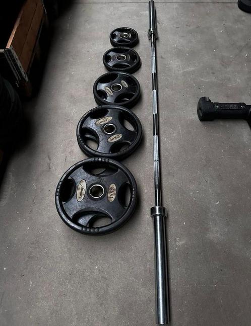 67,5kg Olympische Gewichten + Barbell 220cm ,20kg, Sport en Fitness, Fitnessmaterialen, Gebruikt, Halterschijven, Ophalen