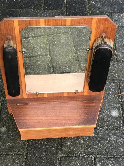 Oude vintage hal spiegel met lade en 2 borstels, Antiek en Kunst, Antiek | Spiegels, Minder dan 50 cm, Minder dan 100 cm, Rechthoekig