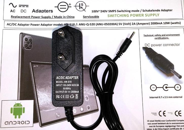 H-518 5V 2A 2000mA 10W Adapter 2.5 x 0.7mm Lader Oplader, Computers en Software, Laptop-opladers, Nieuw, Ophalen of Verzenden