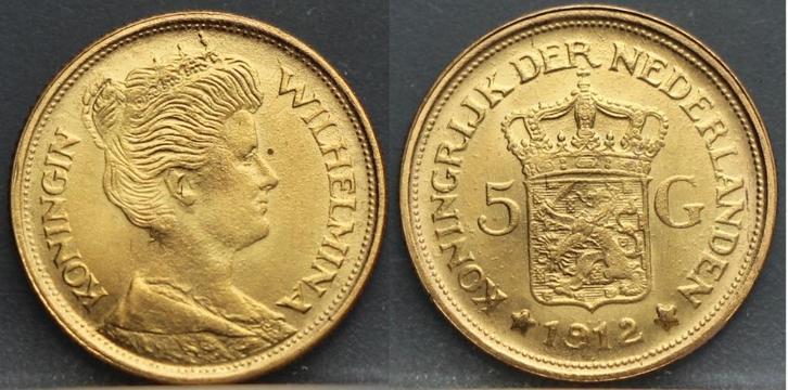 5 gulden 1912 - naslag in 14 karaat, Postzegels en Munten, Munten | Nederland, Losse munt, 5 gulden, Koningin Wilhelmina, Goud