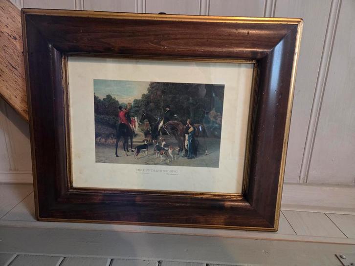 Schilderij met jachttafereel in houten lijst, Antiek en Kunst, Kunst | Tekeningen en Foto's, Ophalen