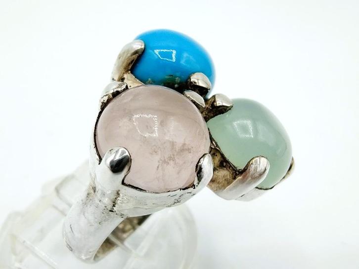 Zilveren ring met rozenkwarts en turkoois, 925, 17,25 mm, Sieraden, Tassen en Uiterlijk, Ringen, Gebruikt, Dame, 17 tot 18, Zilver