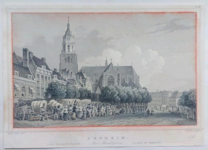 110 / Markt van Arnhem    Gravure uit 1860 van Terwen, Antiek en Kunst, Kunst | Etsen en Gravures, Ophalen of Verzenden