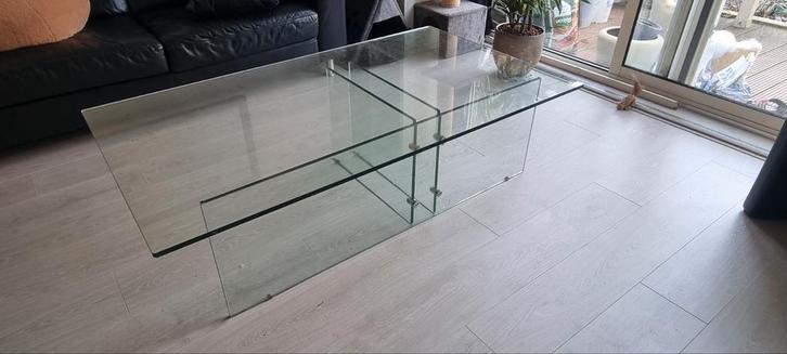 Design salontafel van glas, Huis en Inrichting, Tafels | Salontafels, Gebruikt, Minder dan 50 cm, 50 tot 100 cm, 100 tot 150 cm