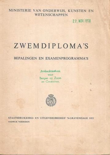 Zwemdiploma's: bepalingen en examenprogramma's uit 1953 beschikbaar voor biedingen